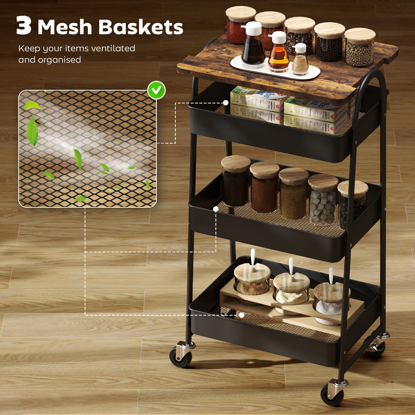 AI62 Decor 3-Tier Kitchen Trolley with Wheels – Rustic Brown & Black