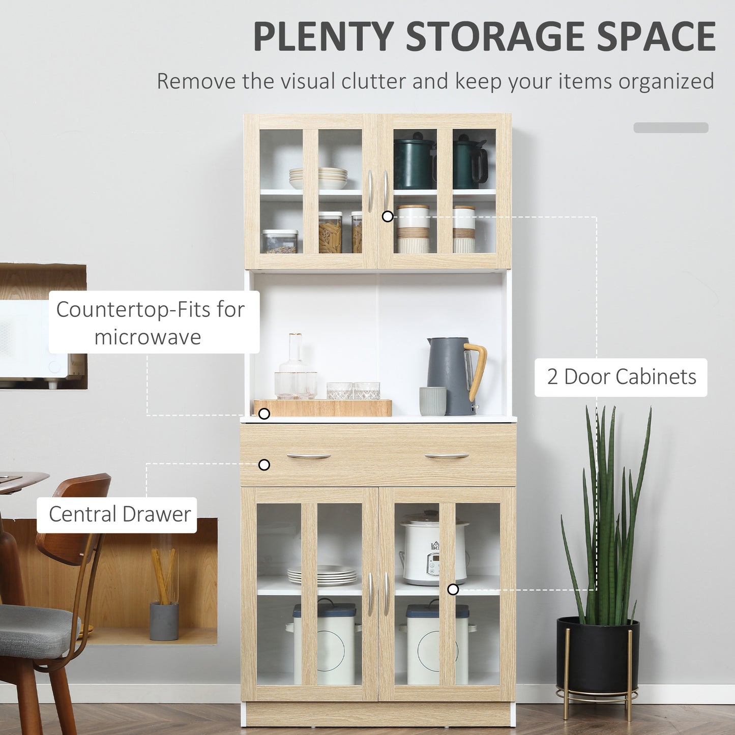 AI62 Decor Freestanding Modern Kitchen Cabinet with Glass Doors & Drawer – 180cm