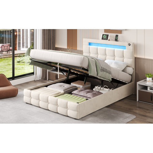 AI62 Decor Double Upholstered Ottoman Bed 4ft6 with LED & Storage, Beige