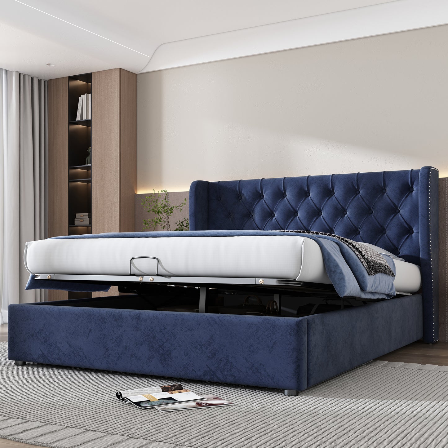 AI62 Decor Upholstered Storage Bed with Hydraulic Lift – 135 x 190 cm, Blue Velvet