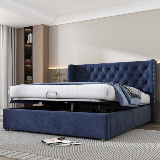 AI62 Decor Upholstered Storage Bed with Hydraulic Lift – 135 x 190 cm, Blue Velvet