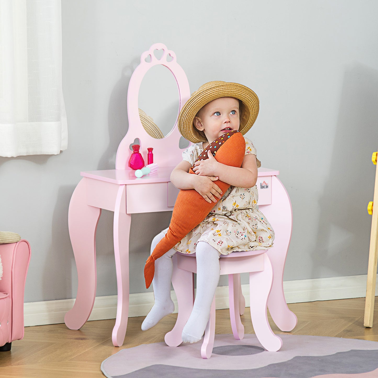 AI62 Decor Pink Kids Vanity Table & Stool Set with Mirror