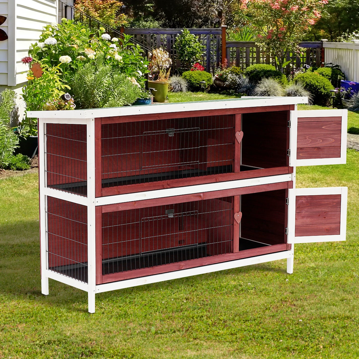 AI62 Decor PawHut 2-Tier Bunny Hutch with Trays – Red