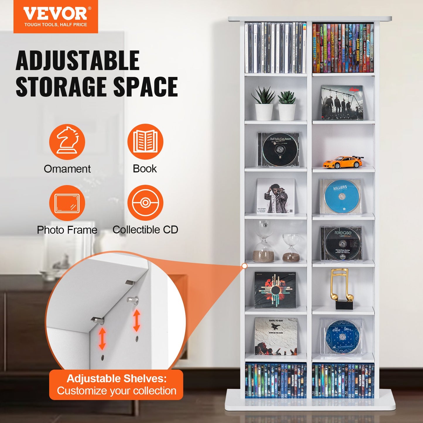 AI62 Decor White Media Storage Cabinet with Adjustable Shelves – 8-Tier CD/DVD Unit (Holds 464 CDs)