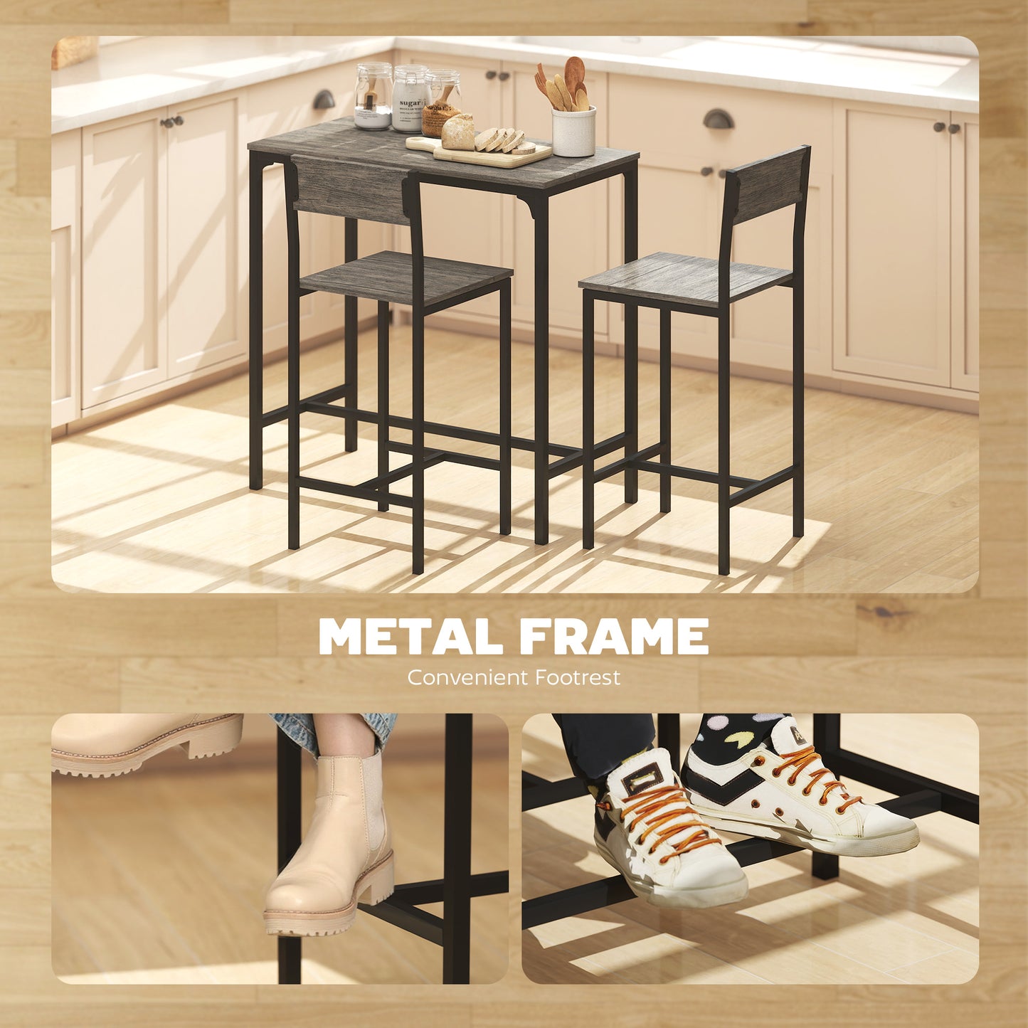 AI62 Decor 3-Piece Industrial Bar Table Set with 2 Stools