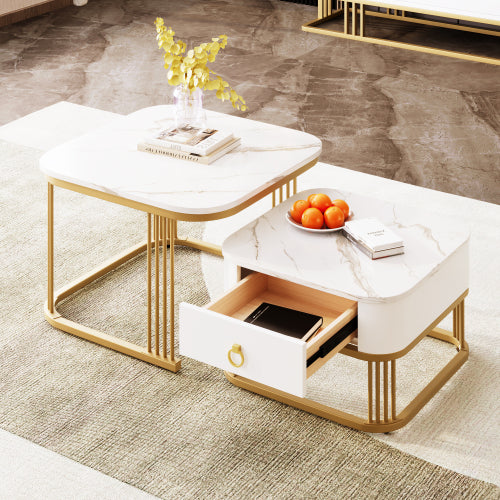 AI62 Decor High Gloss Marble Nesting Coffee Tables with Gold Accents