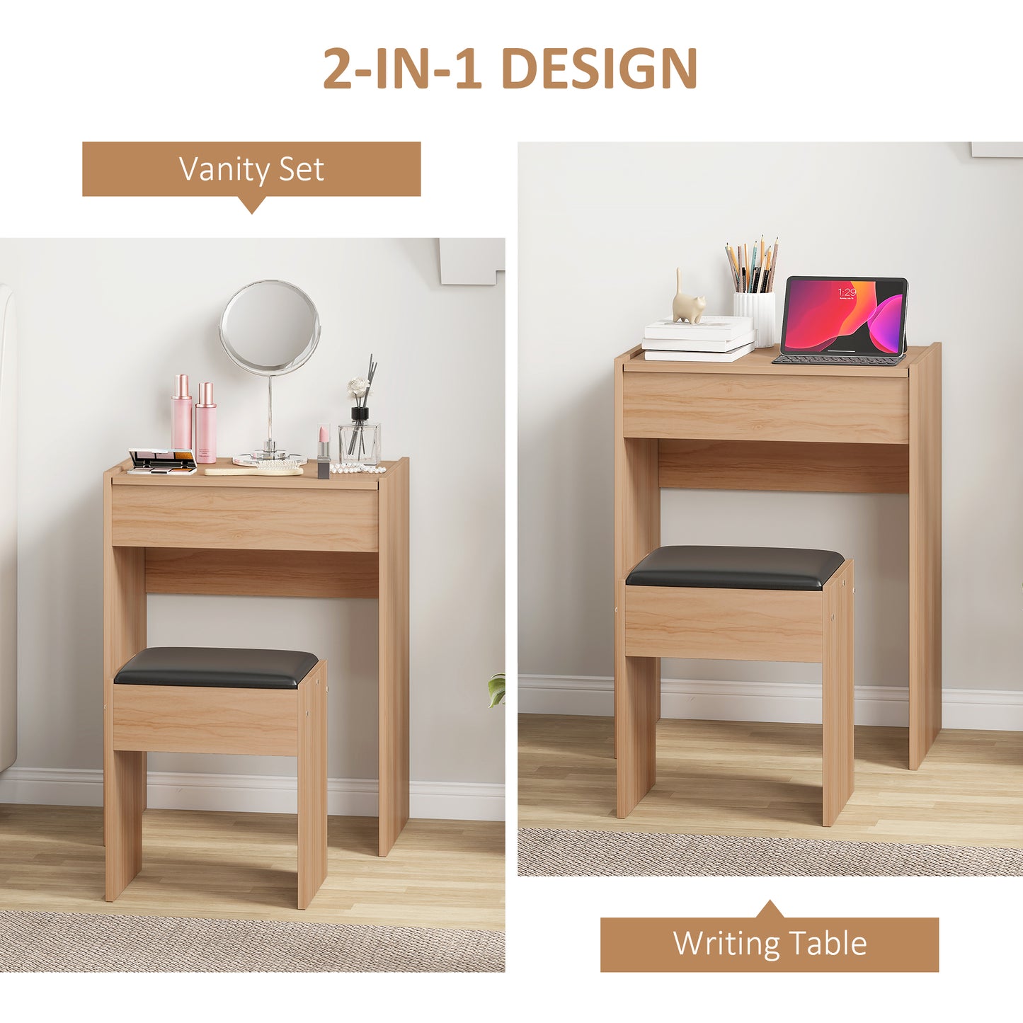 AI62Decor  Wooden Vanity Makeup Table with Mirror & Stool