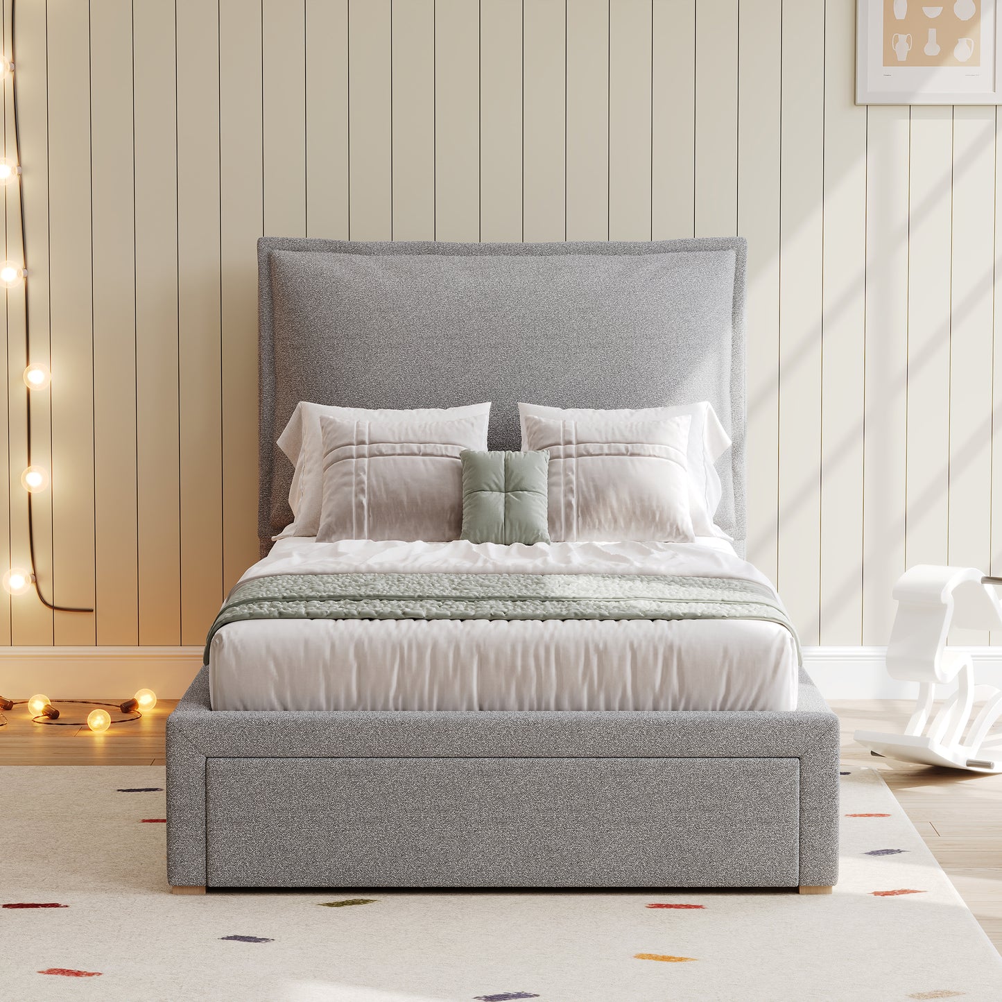 AI62 Decor Chenille Upholstered Single Bed with Storage & Headboard – Grey