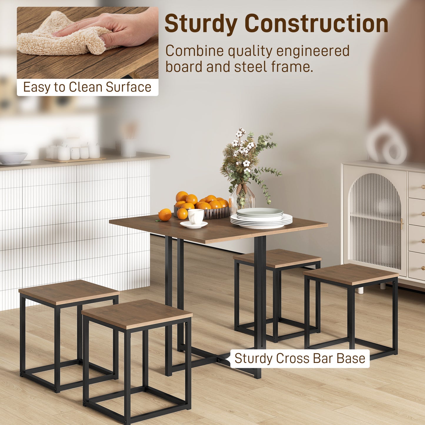 AI62 Decor 5-Piece Industrial Dining Table & Chairs Set – Brown Metal Frame