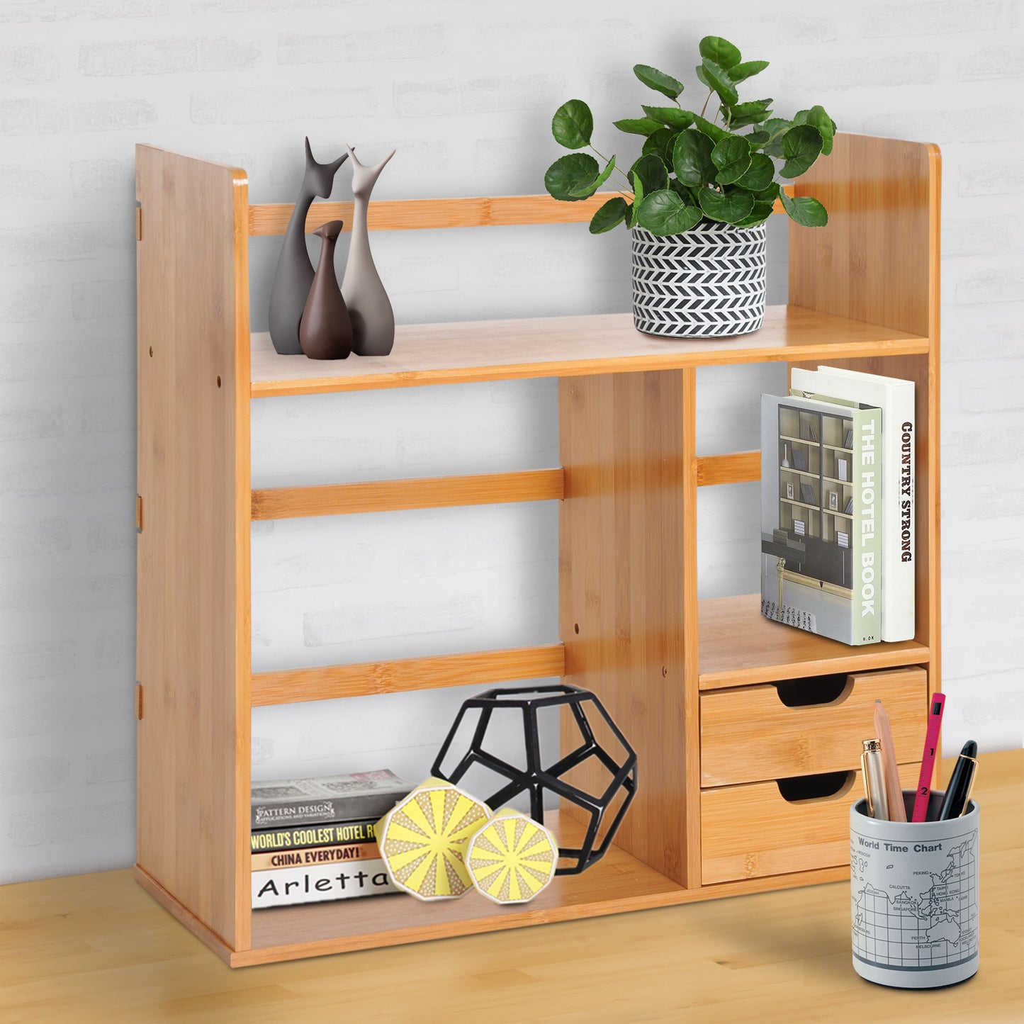 AI62 Decor Bamboo Desk Organizer with 2 Drawers & Storage Compartments