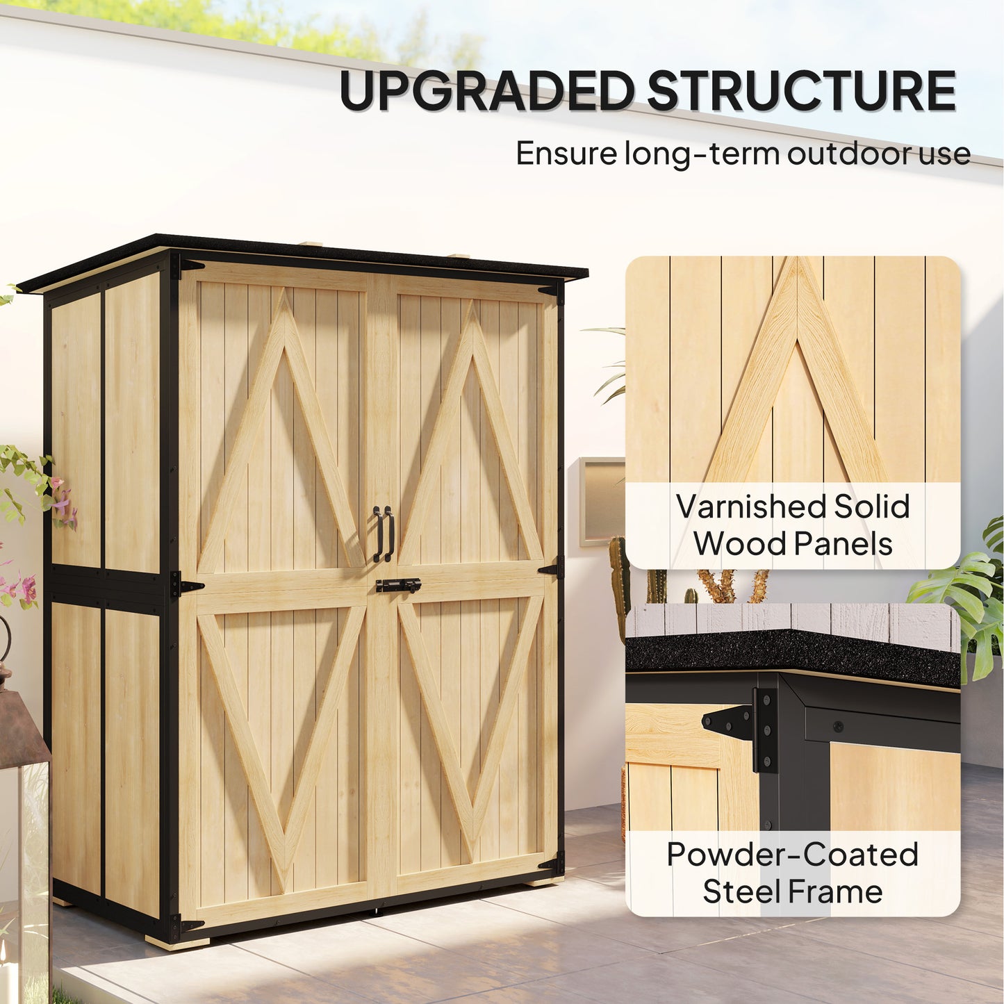 AI62 Decor Outdoor Wooden Storage Shed with Shelves and Lockable Doors