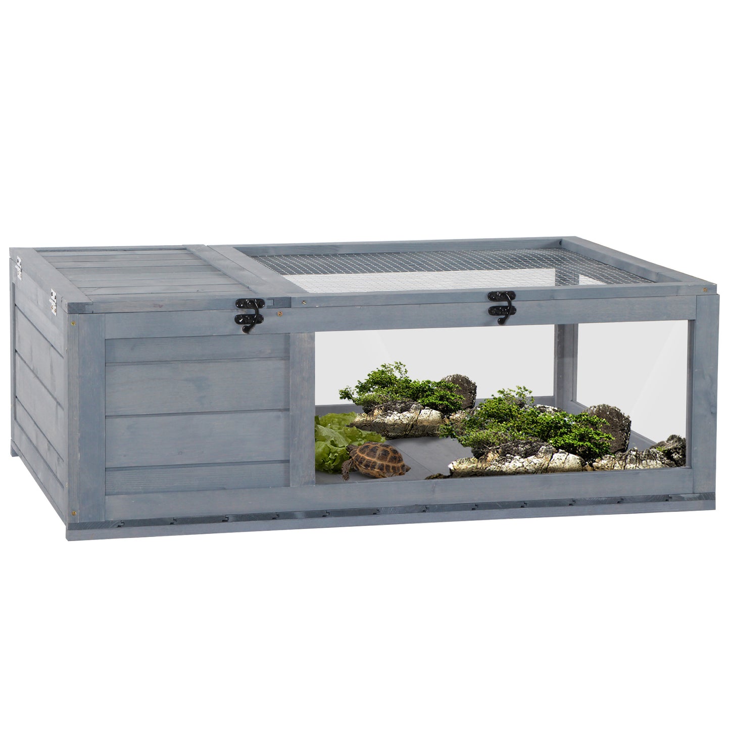 AI62 Decor PawHut Small Wooden Tortoise & Reptile House with Mesh Roofs