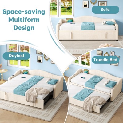 AI62 Decor Upholstered 90×190cm Daybed with Trundle & USB Charging