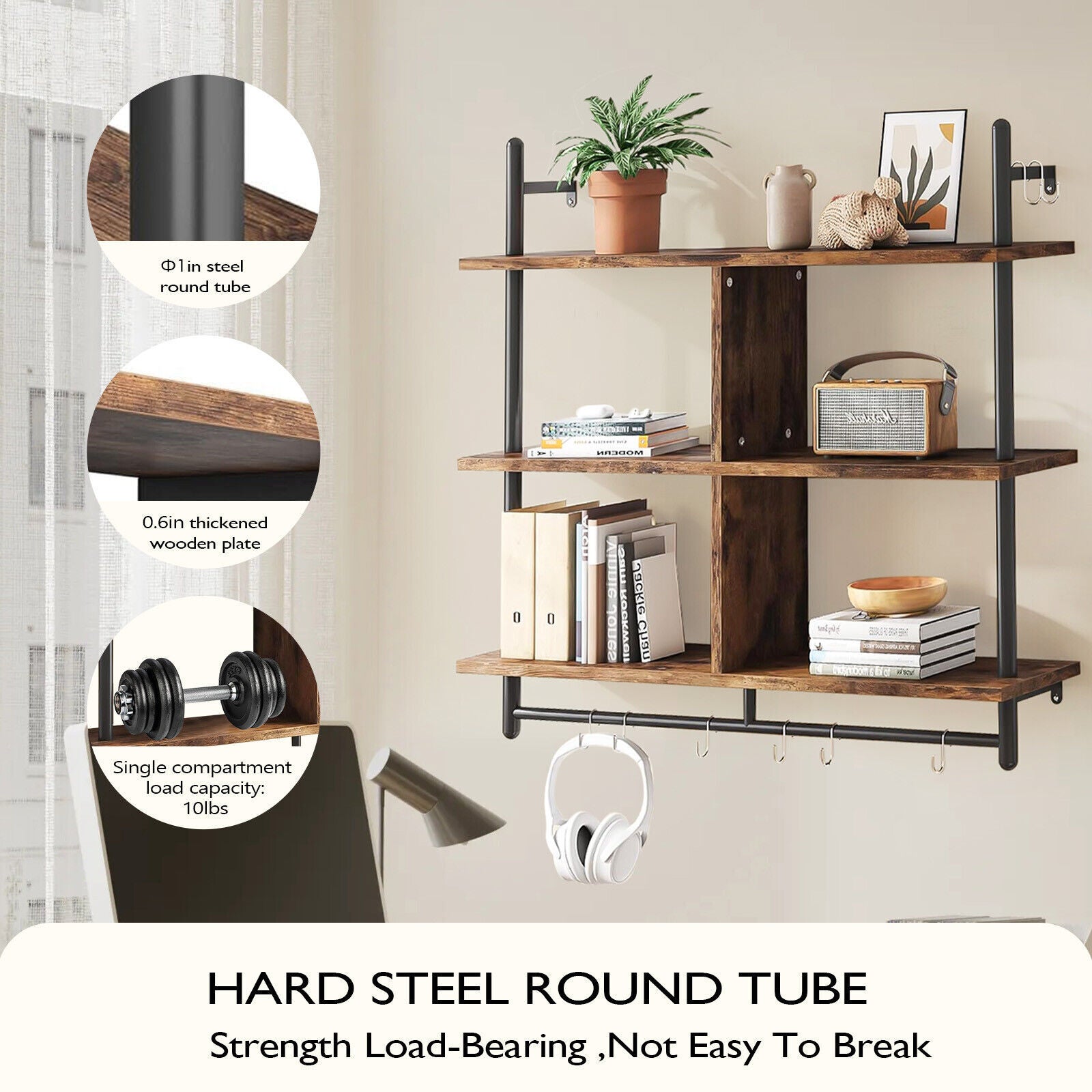 AI62Decor 3-Tier Floating Wall Shelves with Metal Brackets for Bathroom