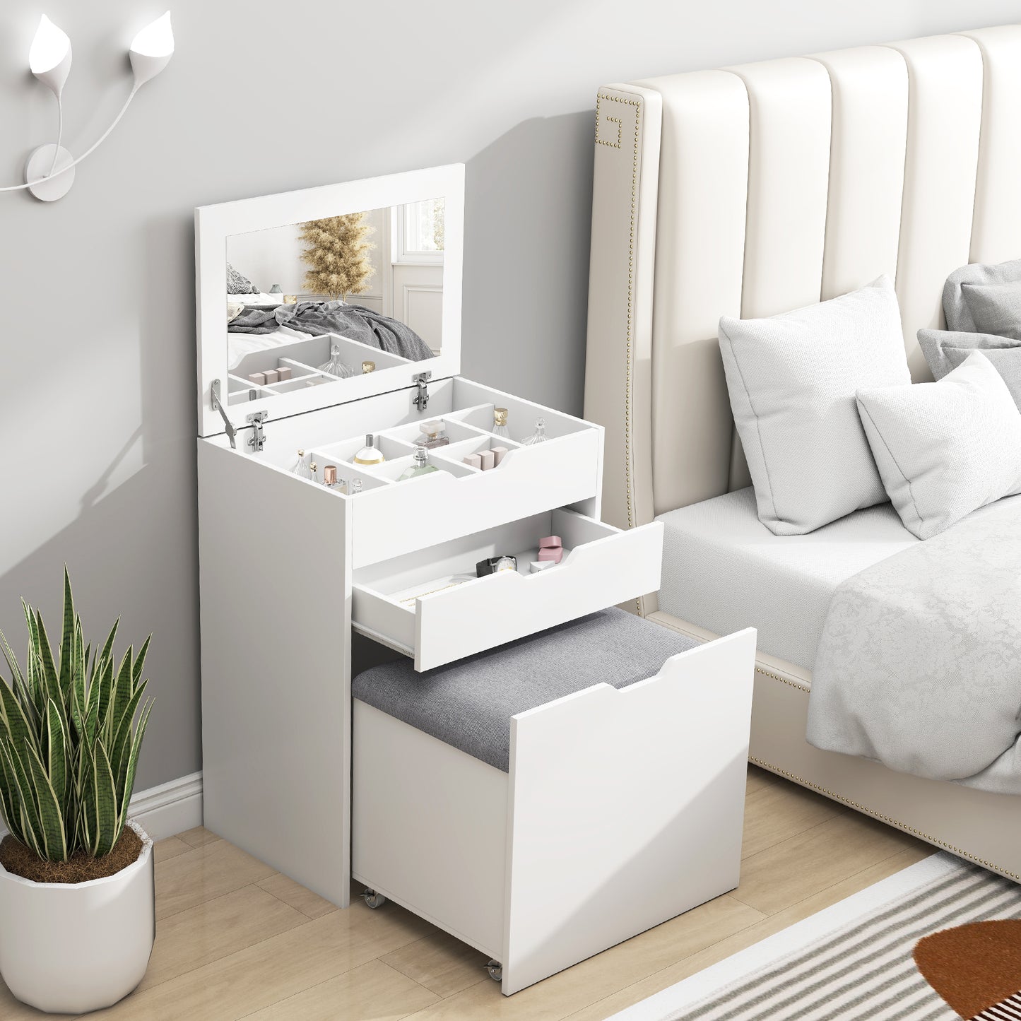AI62 Decor Dressing Table & Storage Stool with Flip-Up Mirror – White