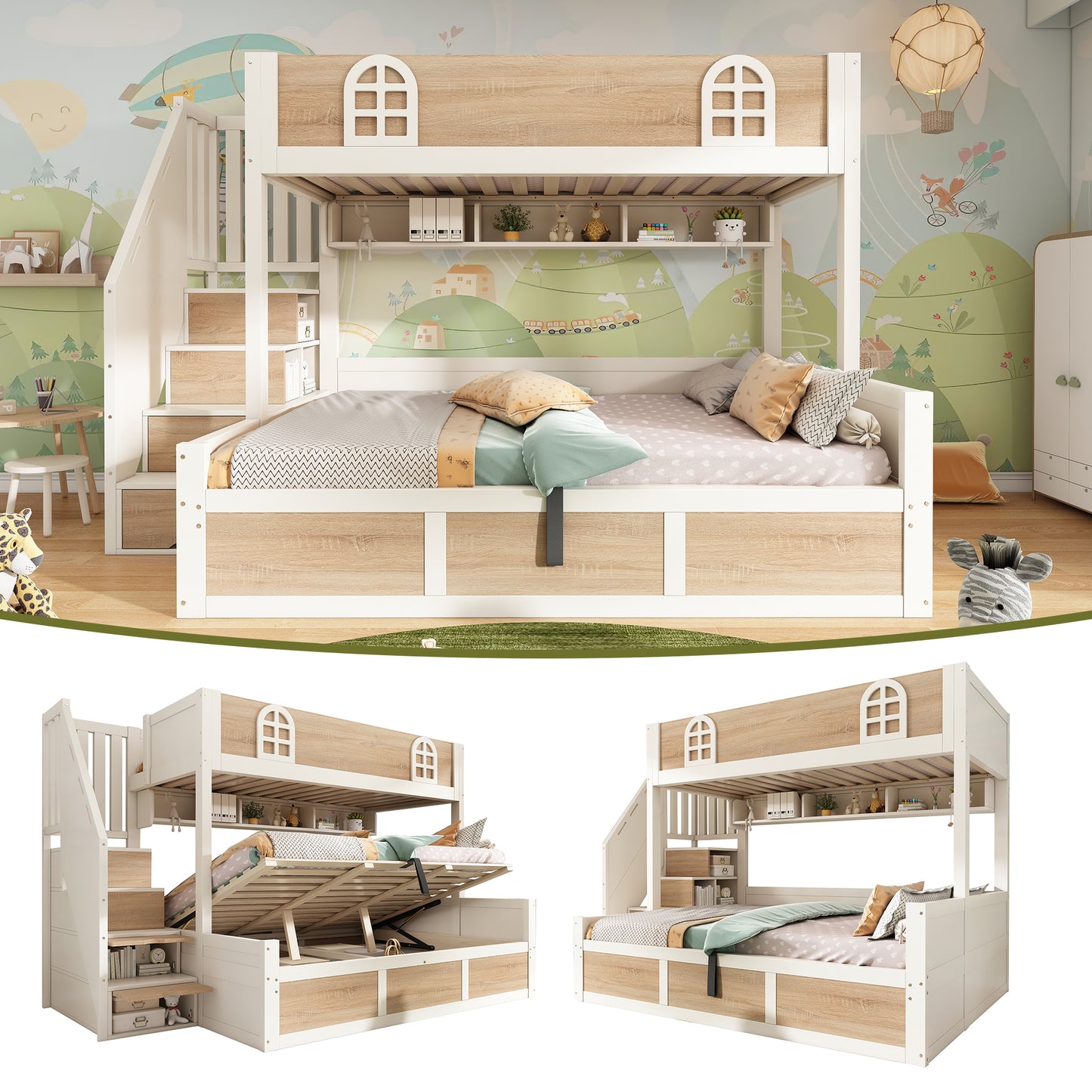 AI62 Decor Staircase Bunk Beds For Kids With Hydraulic Storage