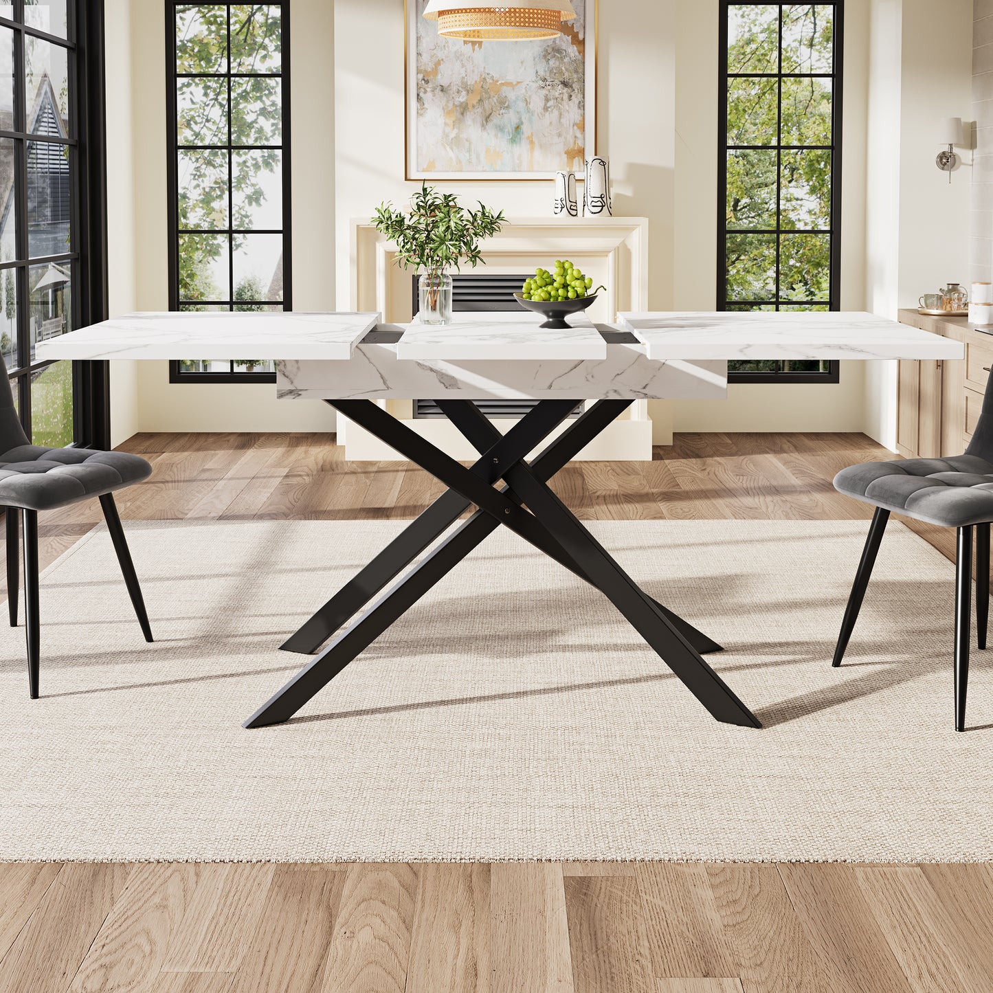 AI62 Decor White Marble Telescopic Dining Table with Black Crossed Iron Legs