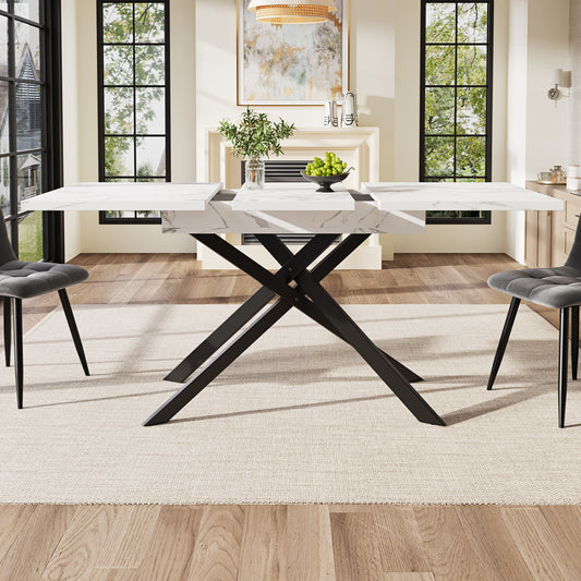 AI62 Decor White Marble Telescopic Dining Table with Black Crossed Iron Legs