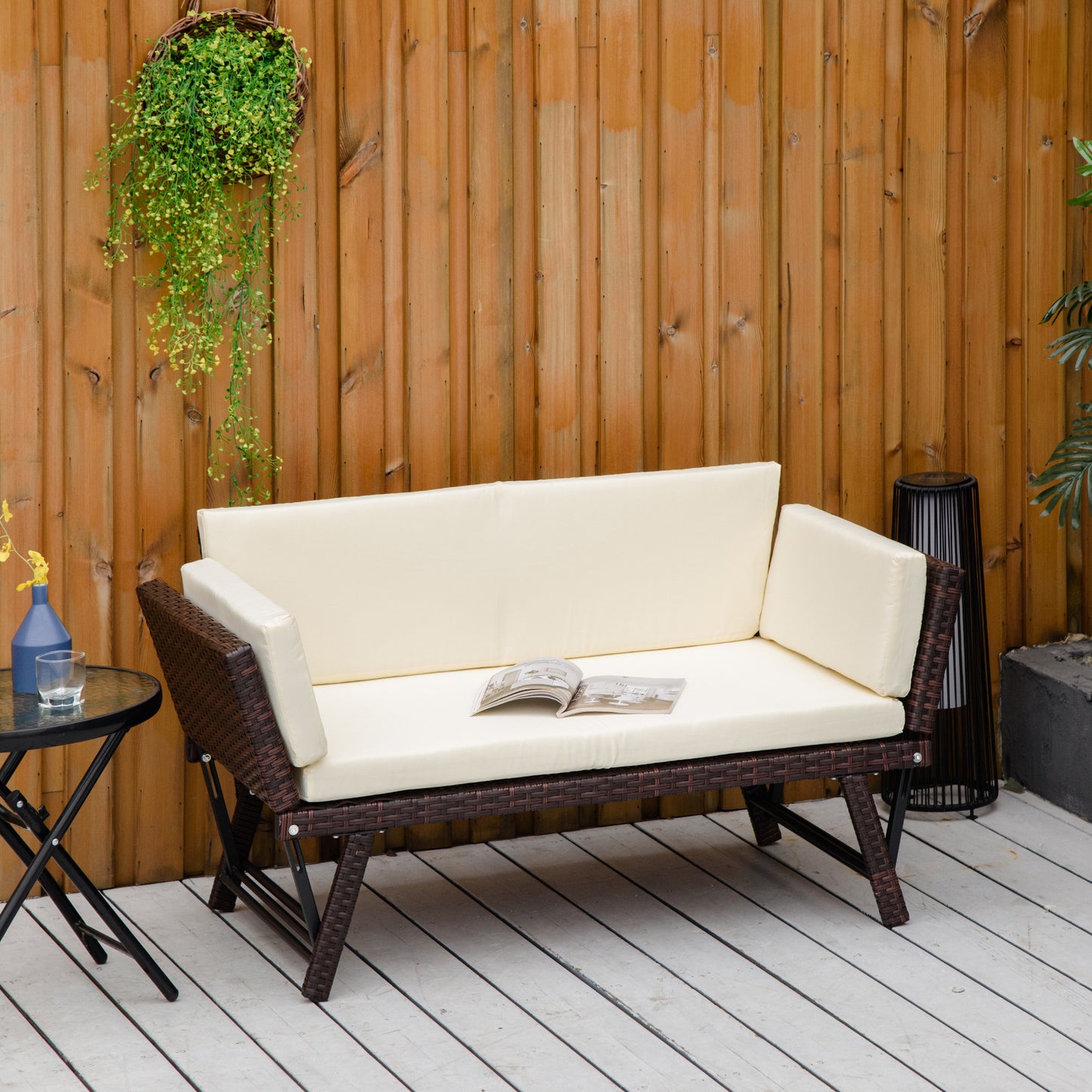 AI62 Decor 2-Seater 2-in-1 Rattan Convertible Sofa Daybed Brown