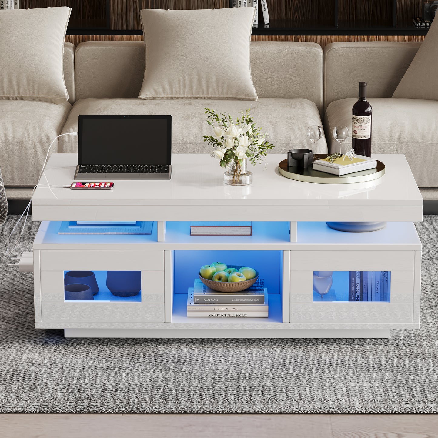 AI62 Decor High-Gloss LED Coffee Table with USB Ports & Storage Doors (White)