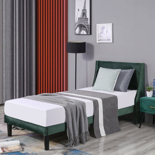 AI62 Decor Single Velvet Upholstered Bed 3FT, Dark Green, Winged Headboard