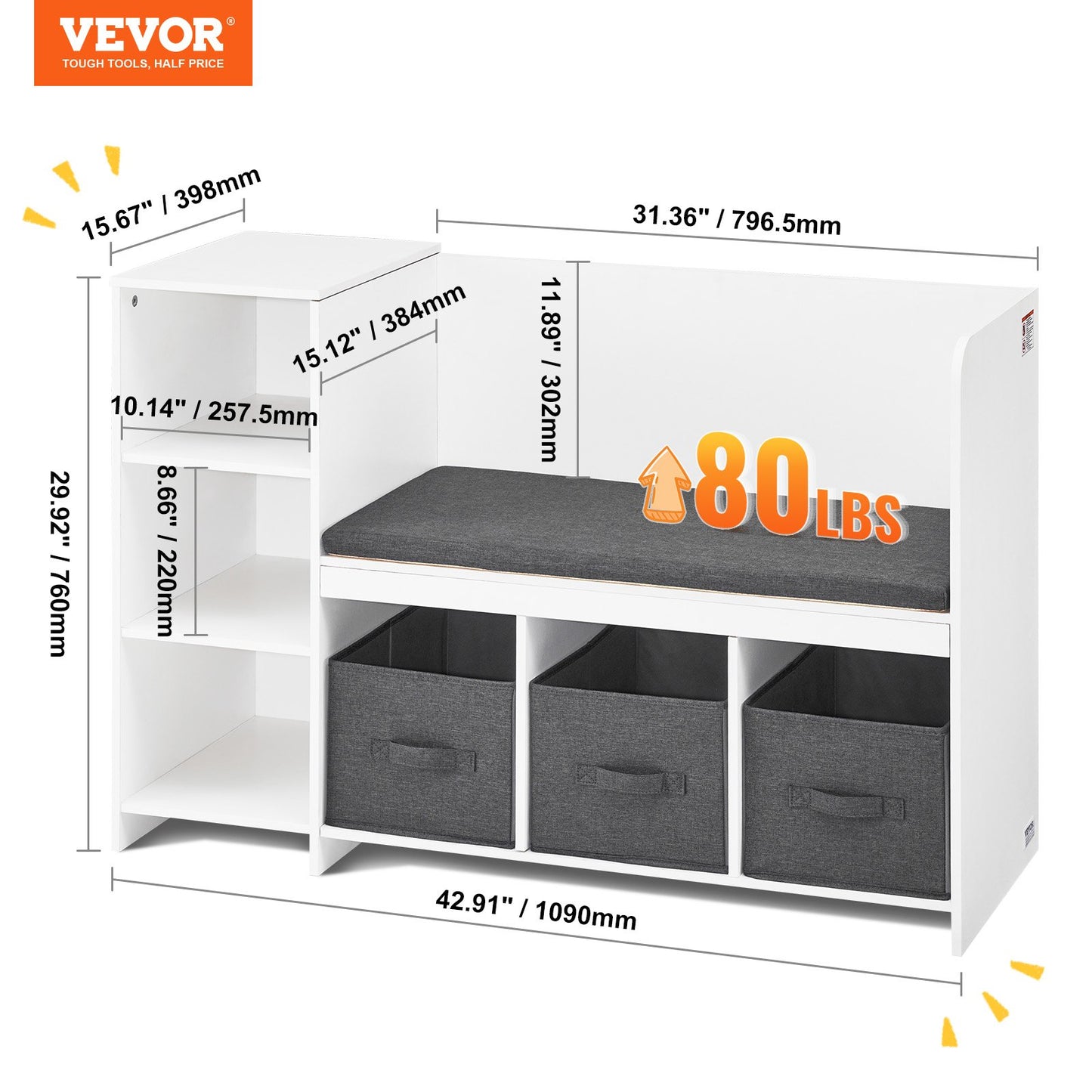 AI62 Decor Kids Reading Nook Bench with Storage & Drawers, White