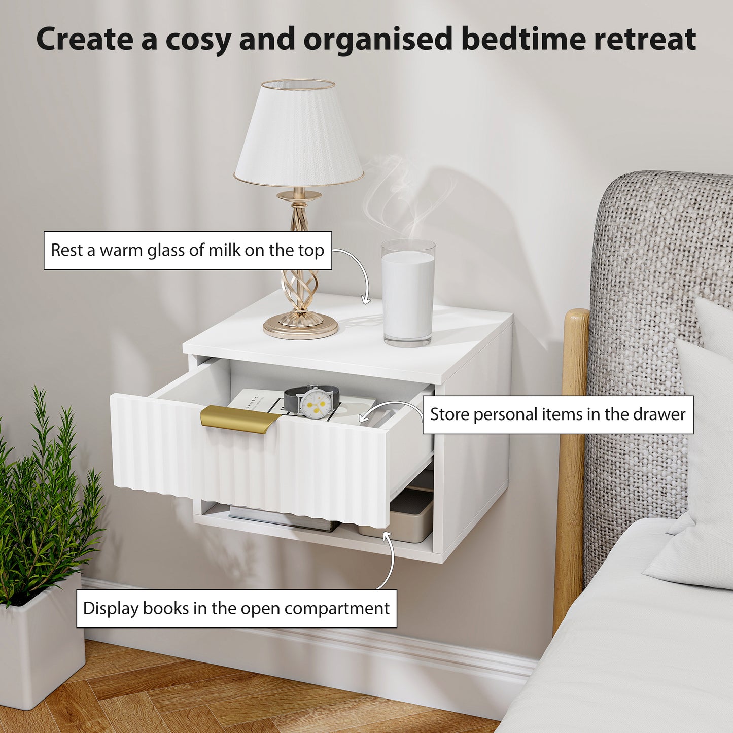 AI62 Decor White Floating Nightstands Set of 2 with Fluted Drawer & Open Shelf