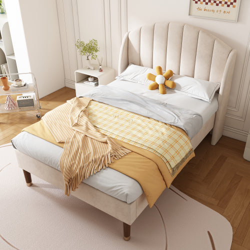 AI62 Decor Pink Velvet Single Bed with Slatted Frame & Headboard