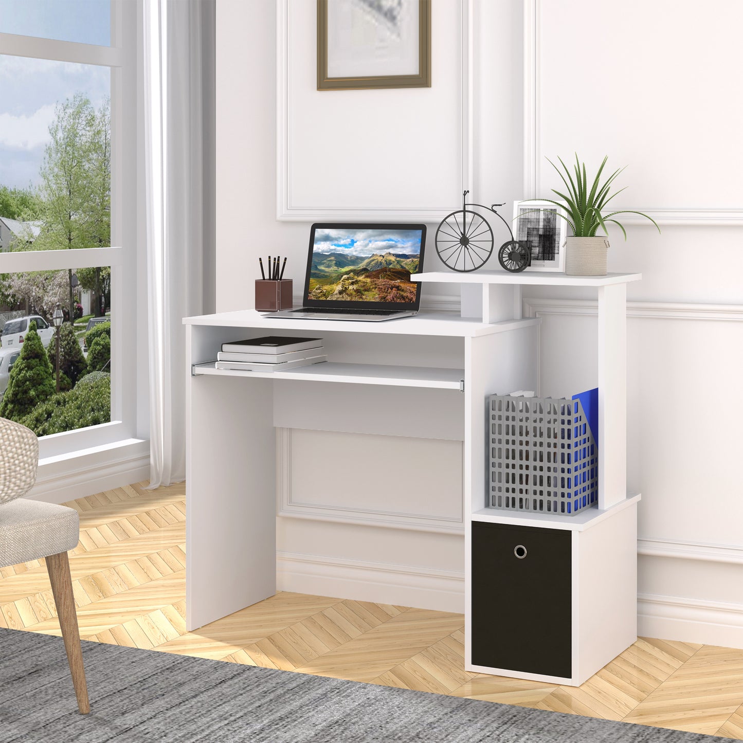 AI62 Decor Computer Desk with Keyboard Tray & Storage Drawer – White