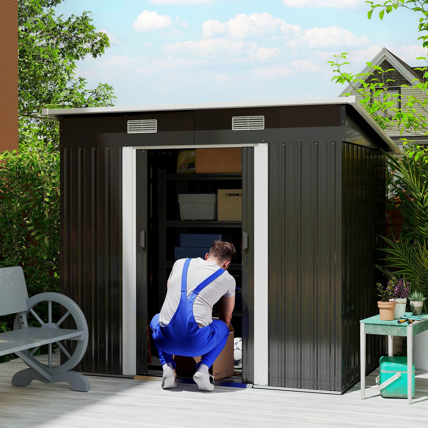 AI62 Decor 7x4ft Metal Outdoor Storage Shed with Foundation – Black