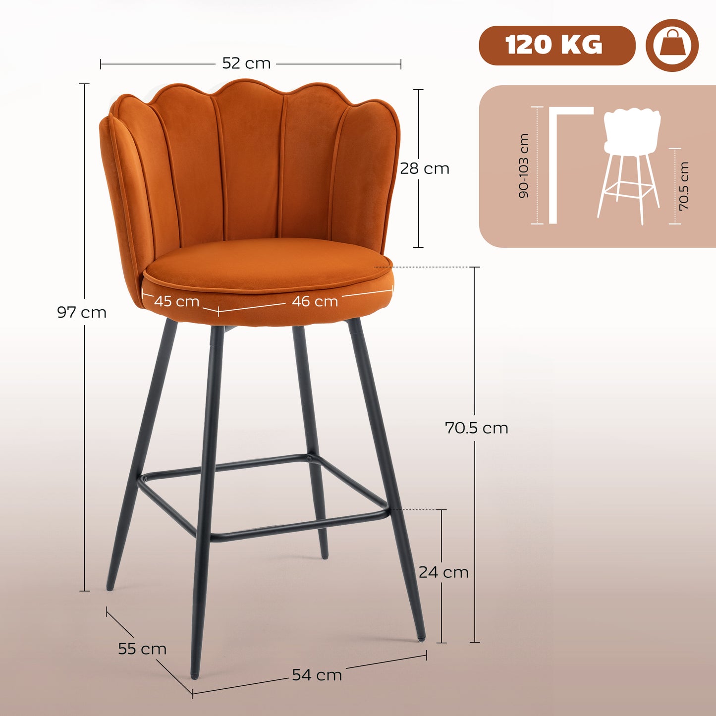 AI62 Decor Set Of Two Velvet-Feel Lotus Bar Stools - Orange