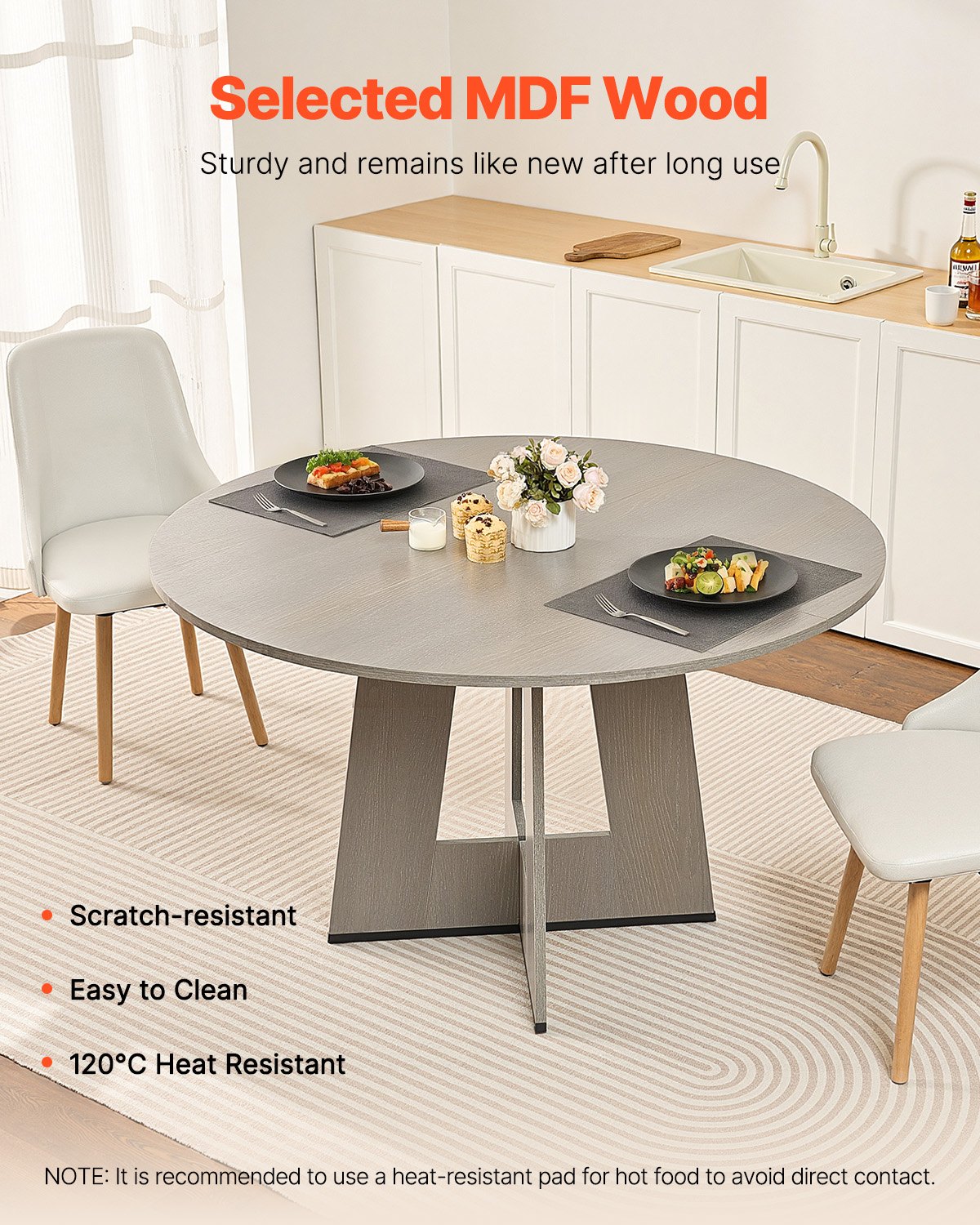 AI62 Decor Round 47" Farmhouse Dining Table for 4-6, Grey – Only Table