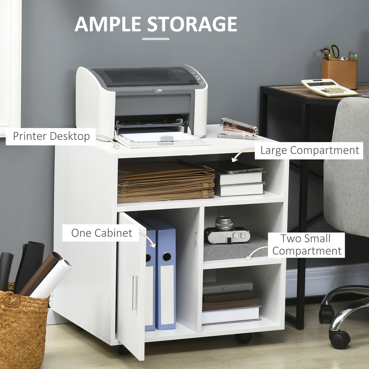 AI62 Decor Mobile Printer Stand with Storage & Wheels – White (60 x 50 x 65.5 cm)