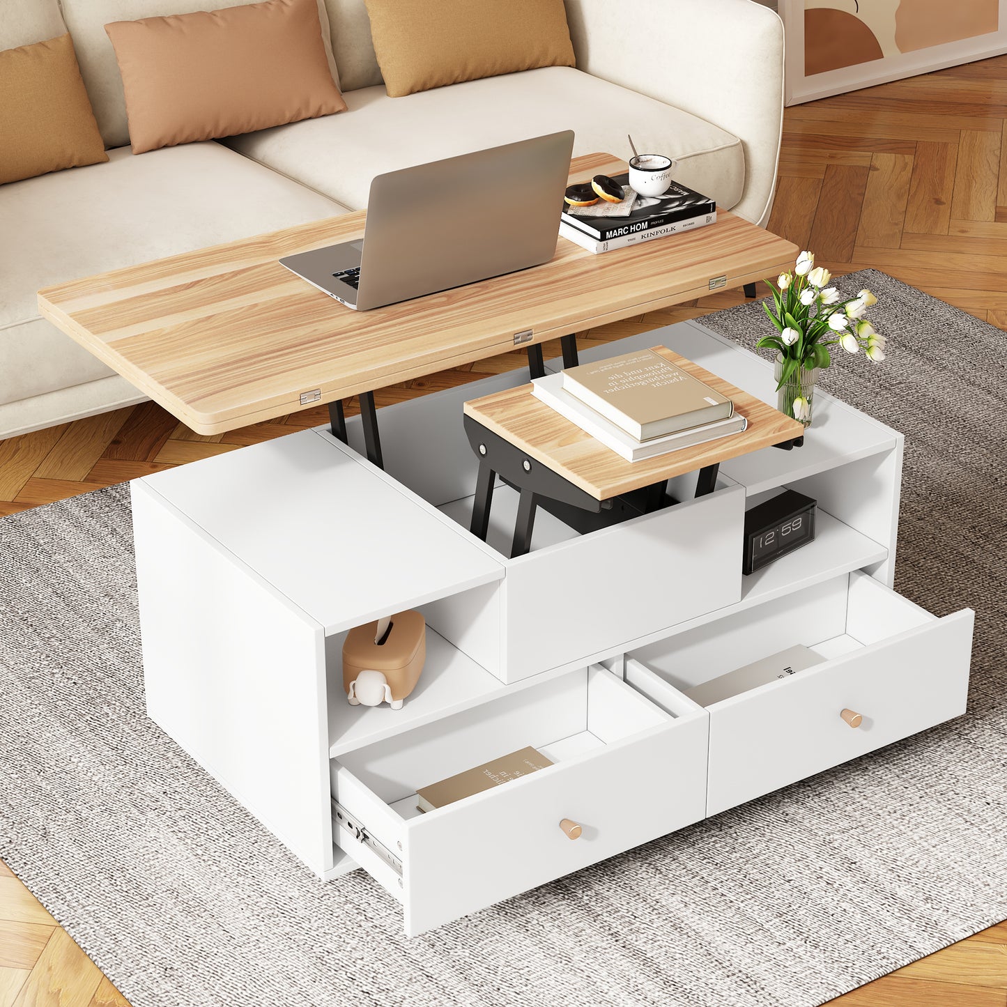 AI62 Decor Lift Top Coffee Table with Wheels & 4 Drawers