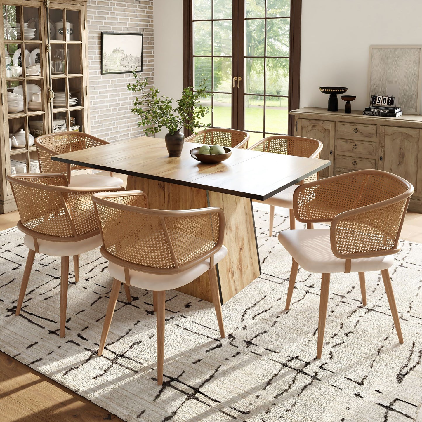 AI62 Decor 6-Piece Modern Dining Chairs with Rattan Backrest – Beige
