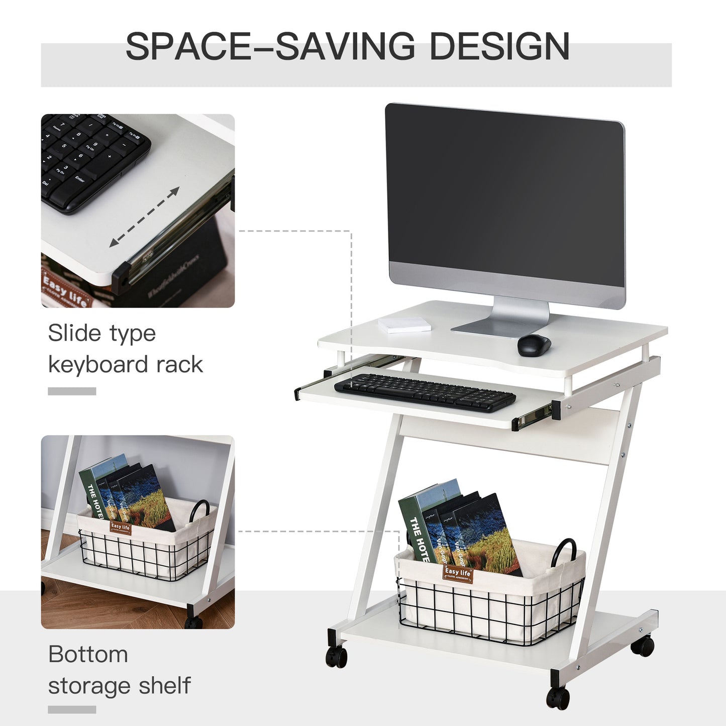 AI62 Decor Mobile Computer Desk with Keyboard Tray – White