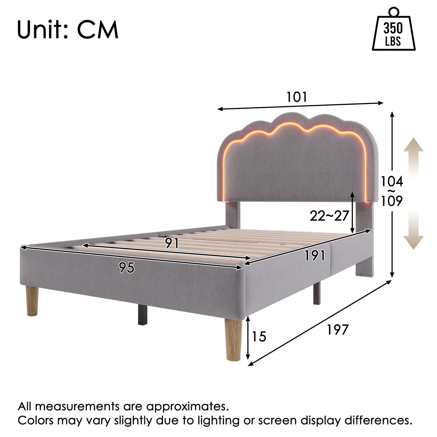 AI62 Decor Single Bed Frame with LED & Slats – 3FT 90x190cm