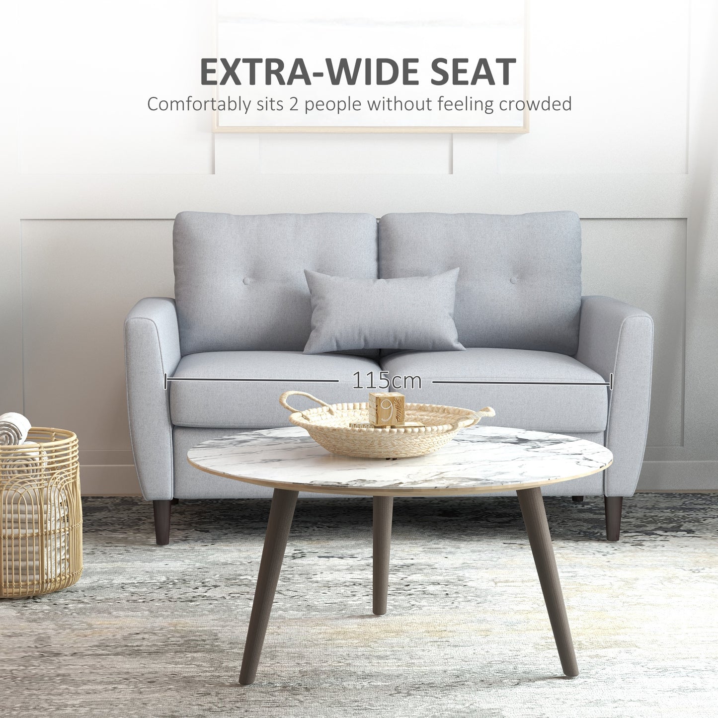 AI62 Decor 2-Seater Fabric Sofa with Spring Cushions, Wooden Legs – Light Grey
