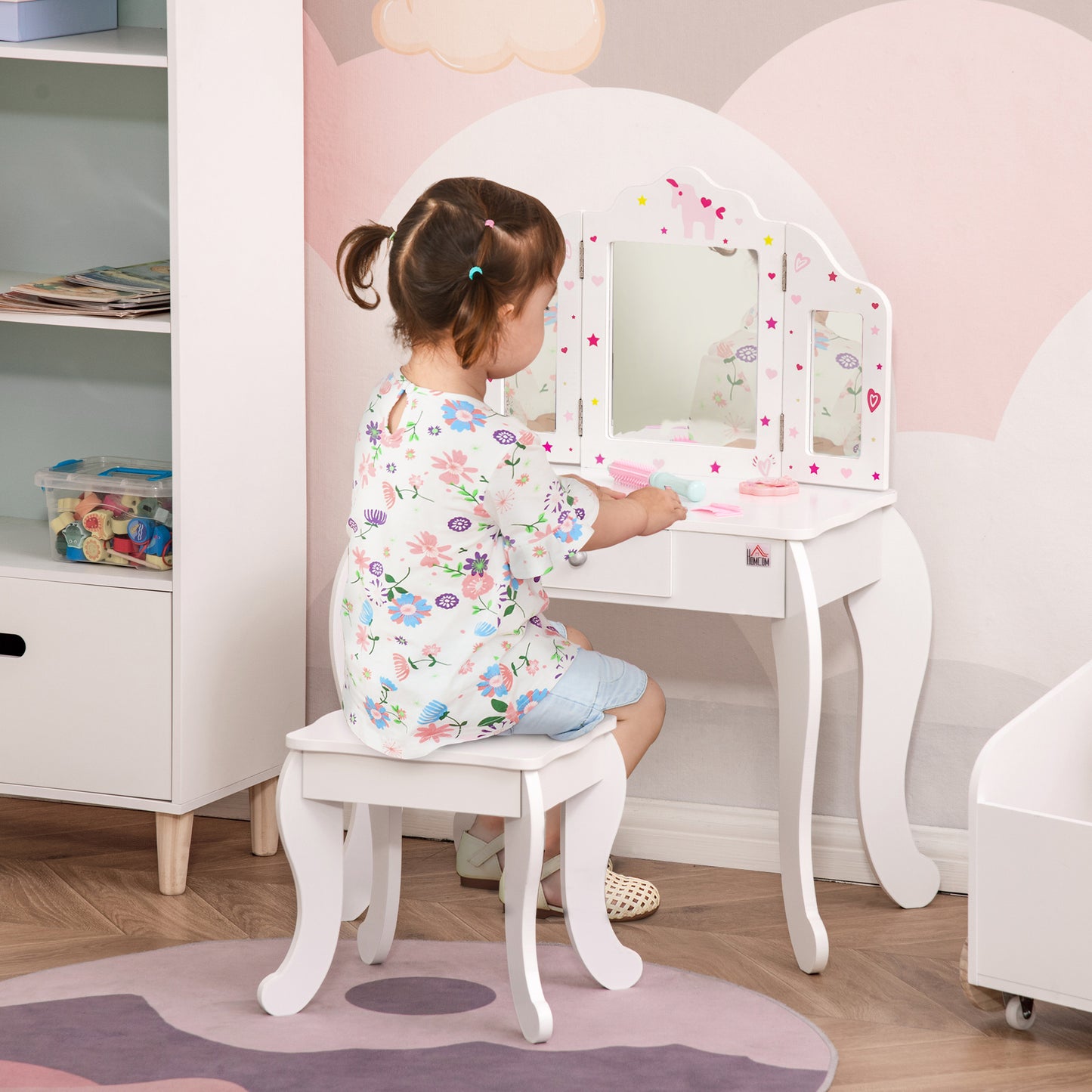 AI62 Decor Kids Vanity Table & Chair Set with Tri-Folding Mirror – White