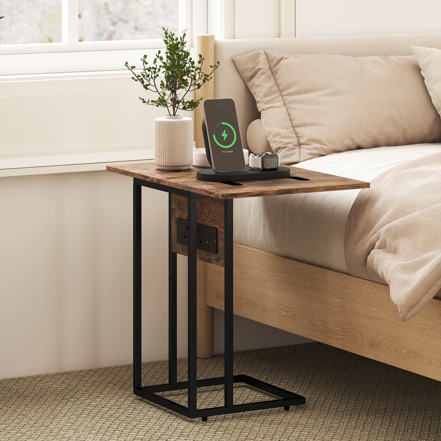 AI62 Decor C Shaped Side Table With Charging Station And Foldable Top - Rustic Brown