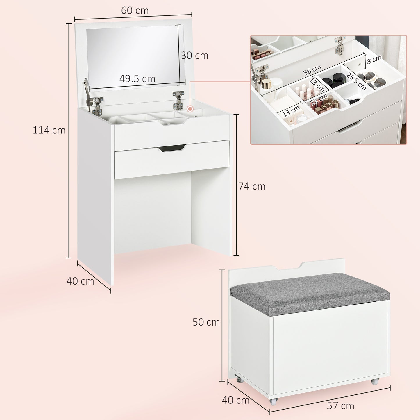 AI62 Decor Dressing Table & Storage Stool with Flip-Up Mirror – White