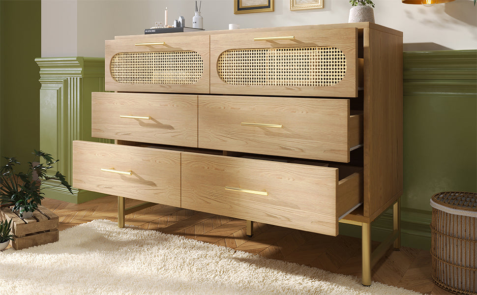 AI62 Decor 6-Drawer Oak Sideboard with Rattan Design