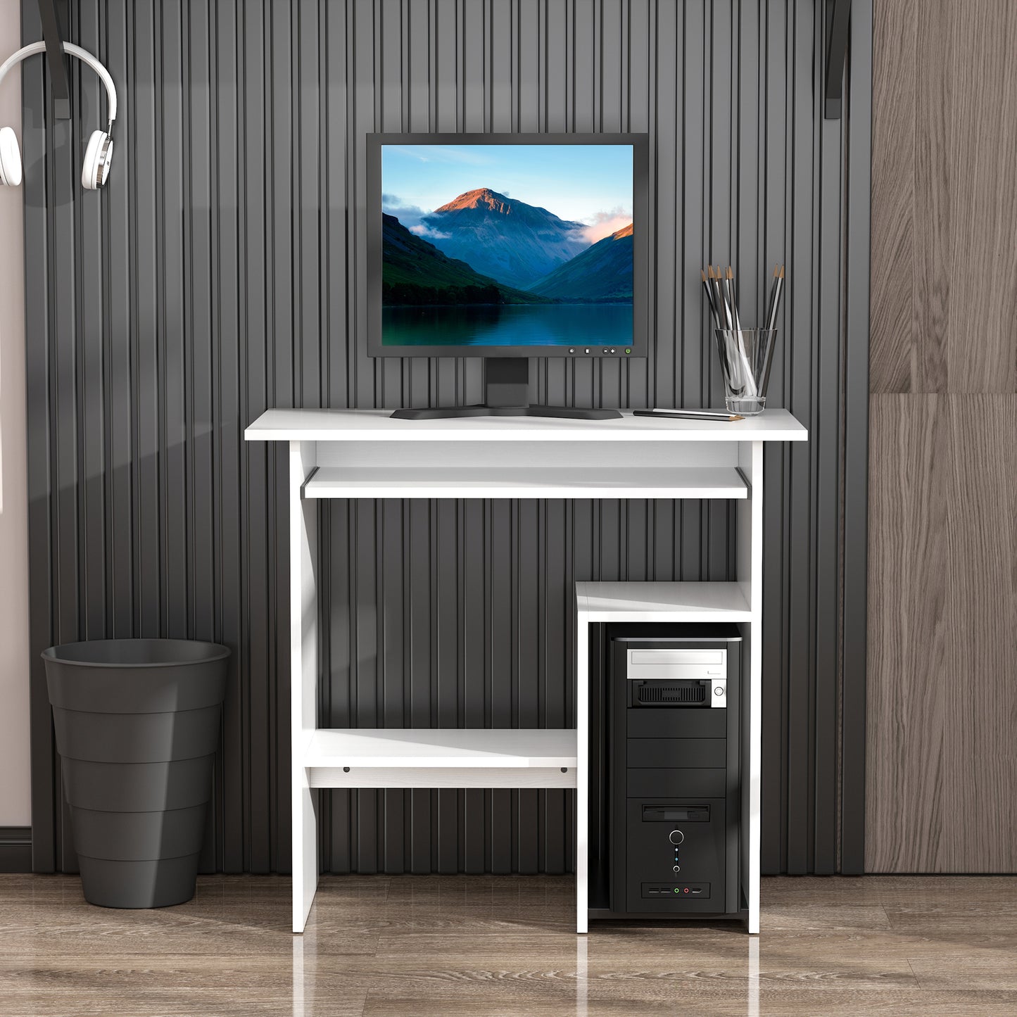 AI62 Decor Compact White Computer Desk with Storage Shelf