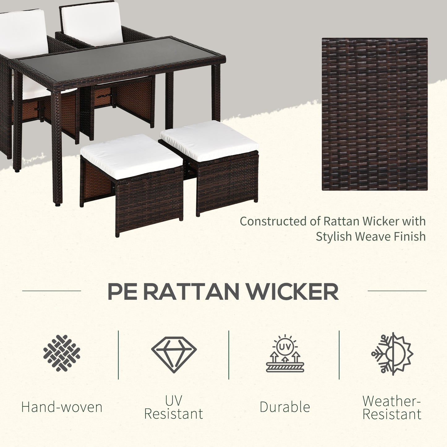 AI62 Decor 2-Seater Rattan Garden Dining Set with Cushions – Brown