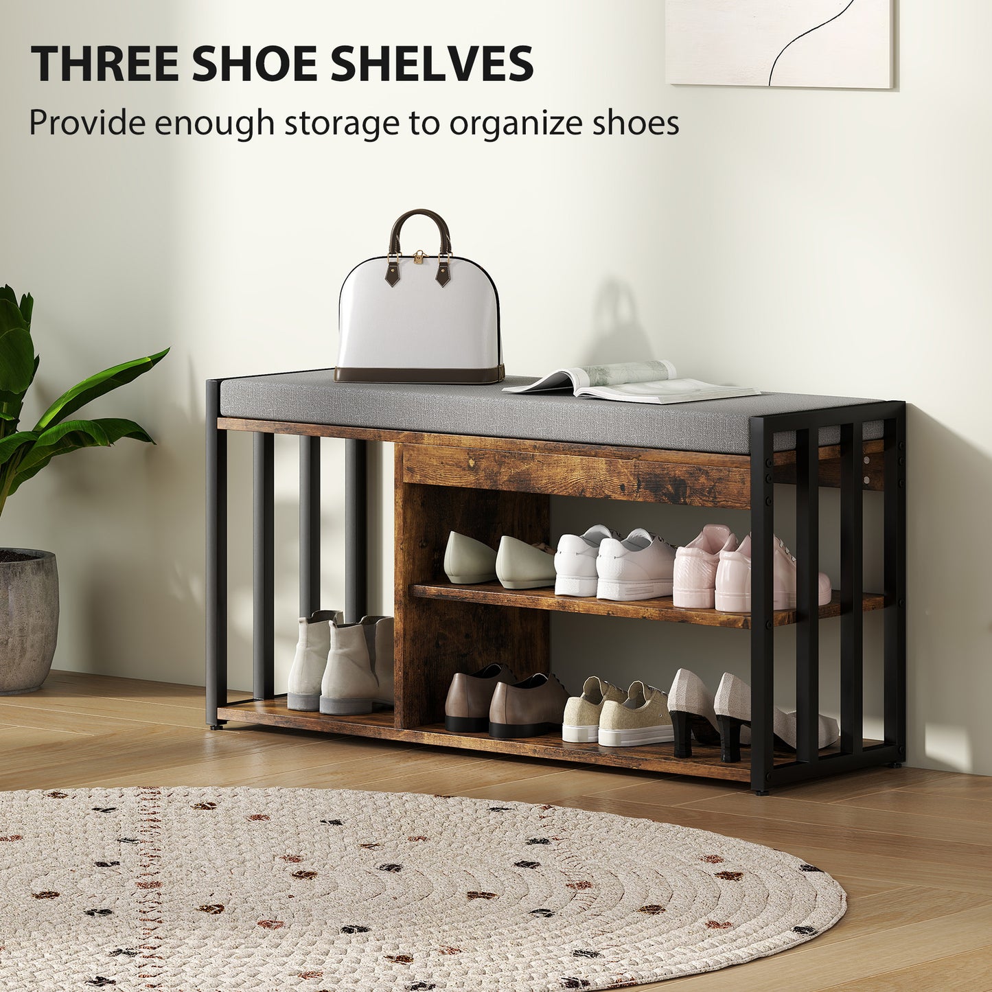 AI62 Decor Rustic Industrial Storage Bench with Cushion and Shelves