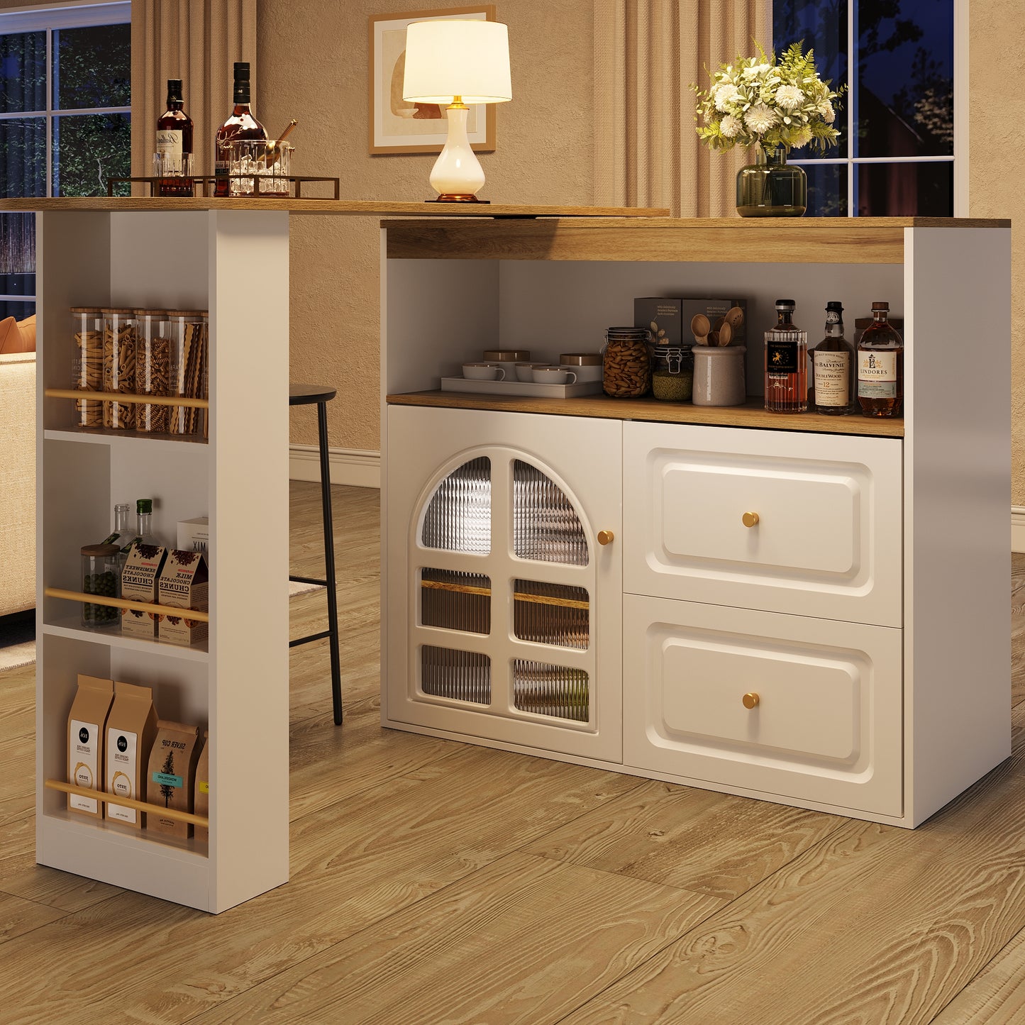 AI62 Decor  White Rotating Sideboard with Drawers & Snack Shelf