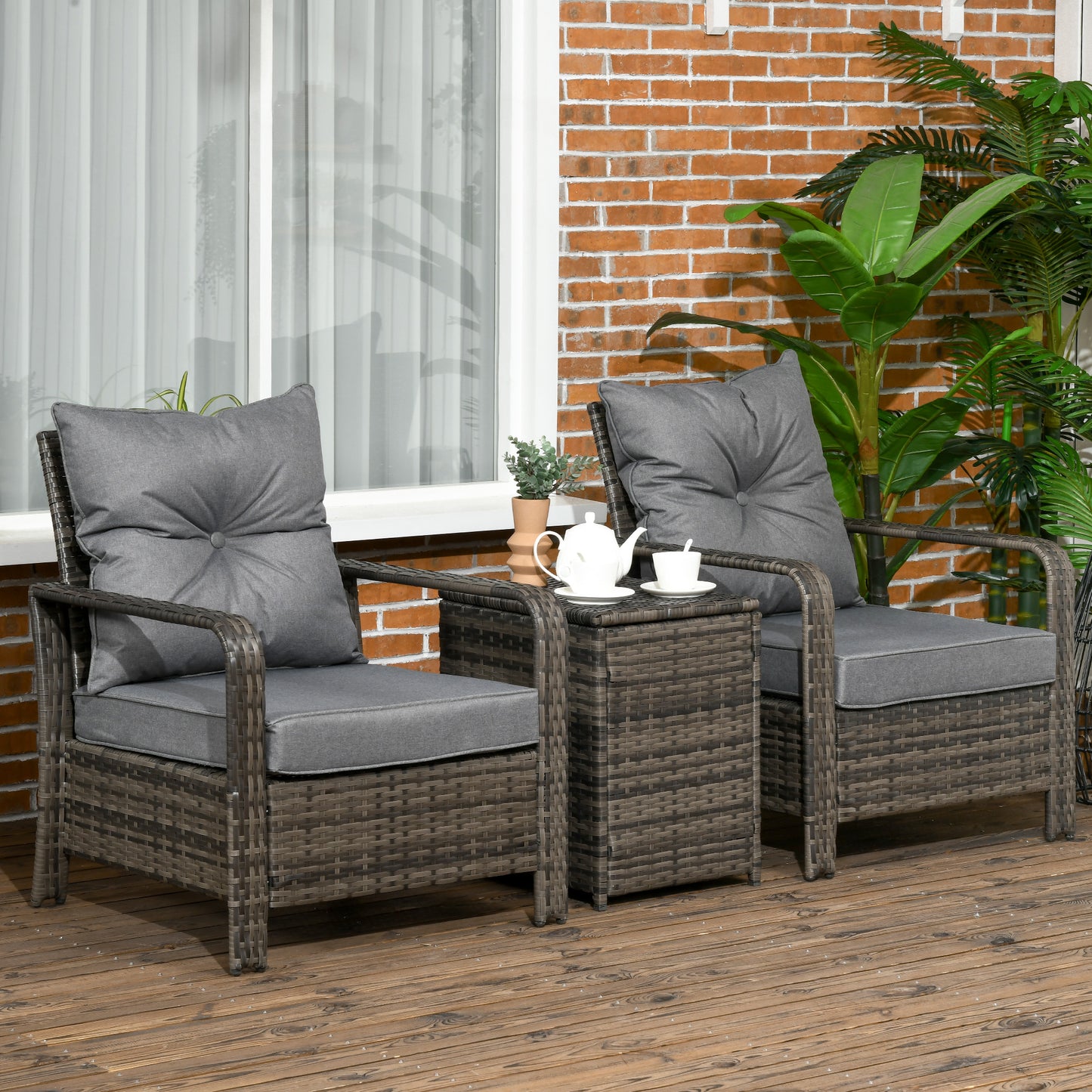 AI62 Decor 3-Piece Rattan Bistro Set with Storage Table & Cushioned Chairs – Grey
