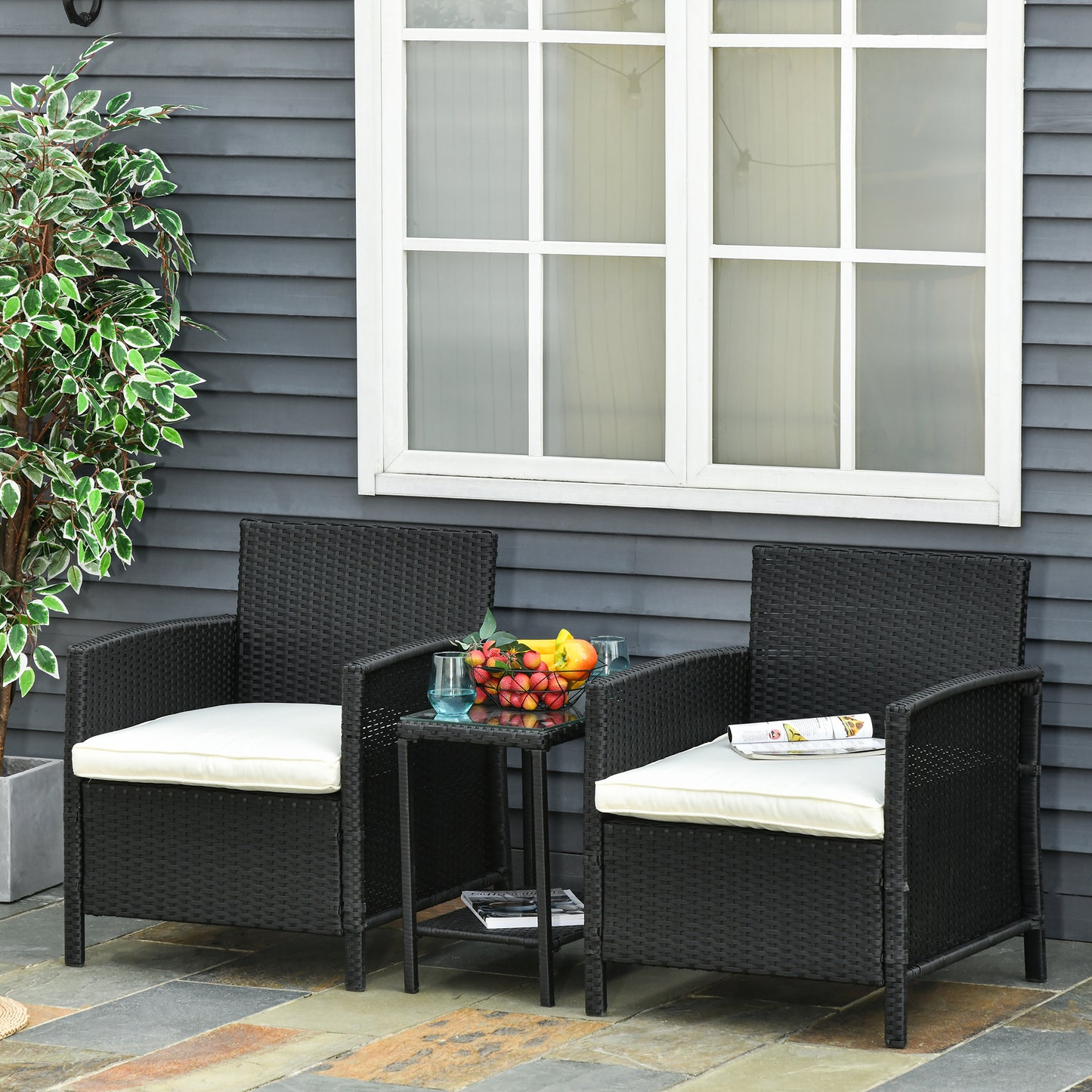 AI62 Decor 2-Seater PE Rattan Bistro Set with Pillows – Black