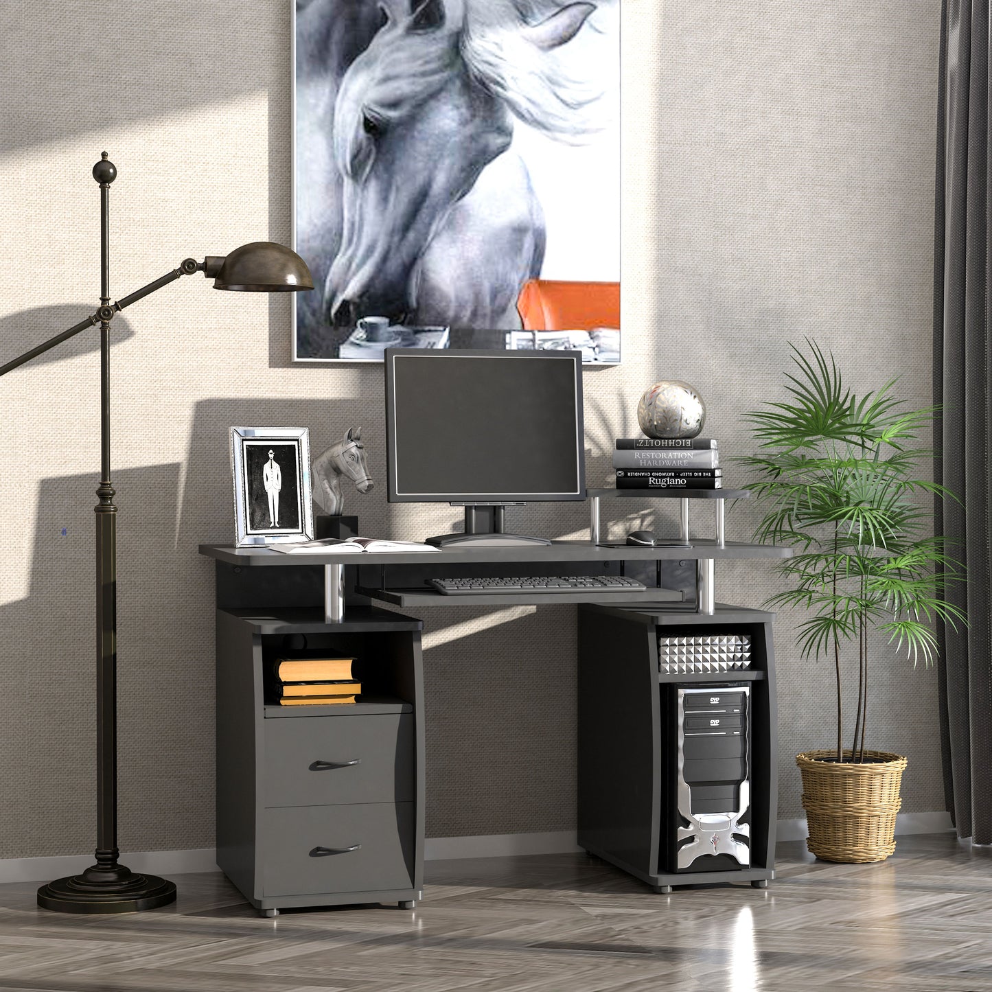 AI62 Decor Black Computer Desk with Keyboard Tray & CPU Shelf