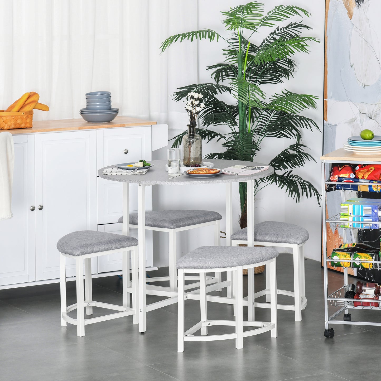 AI62 Decor Modern Round Dining Table Set with 4 Upholstered Stools – Grey